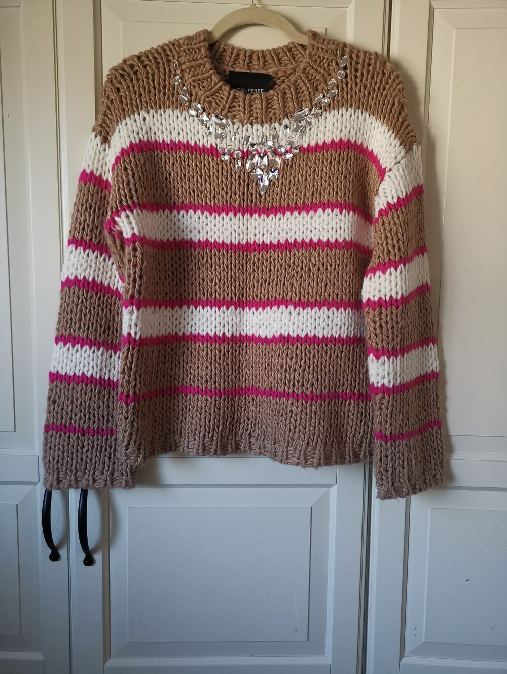 Le Superbe Chunky Knit Crystal Embellished Striped Sweater M